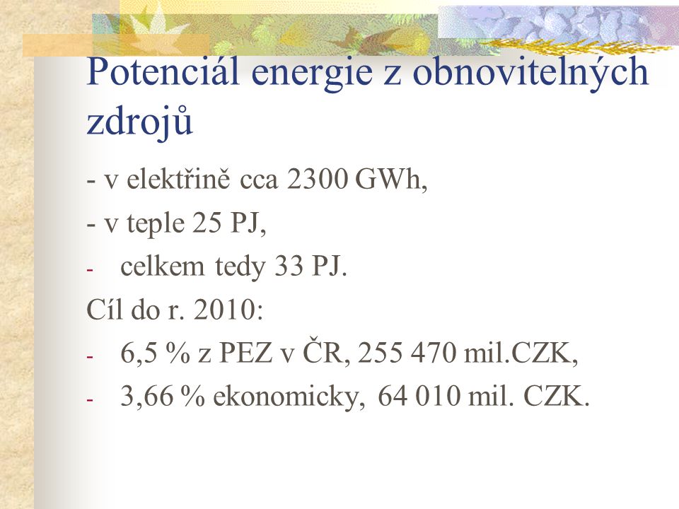 Potenciál energie z obnovitelných zdrojů - v elektřině cca 2300 GWh, - v teple 25 PJ, - celkem tedy 33 PJ.
