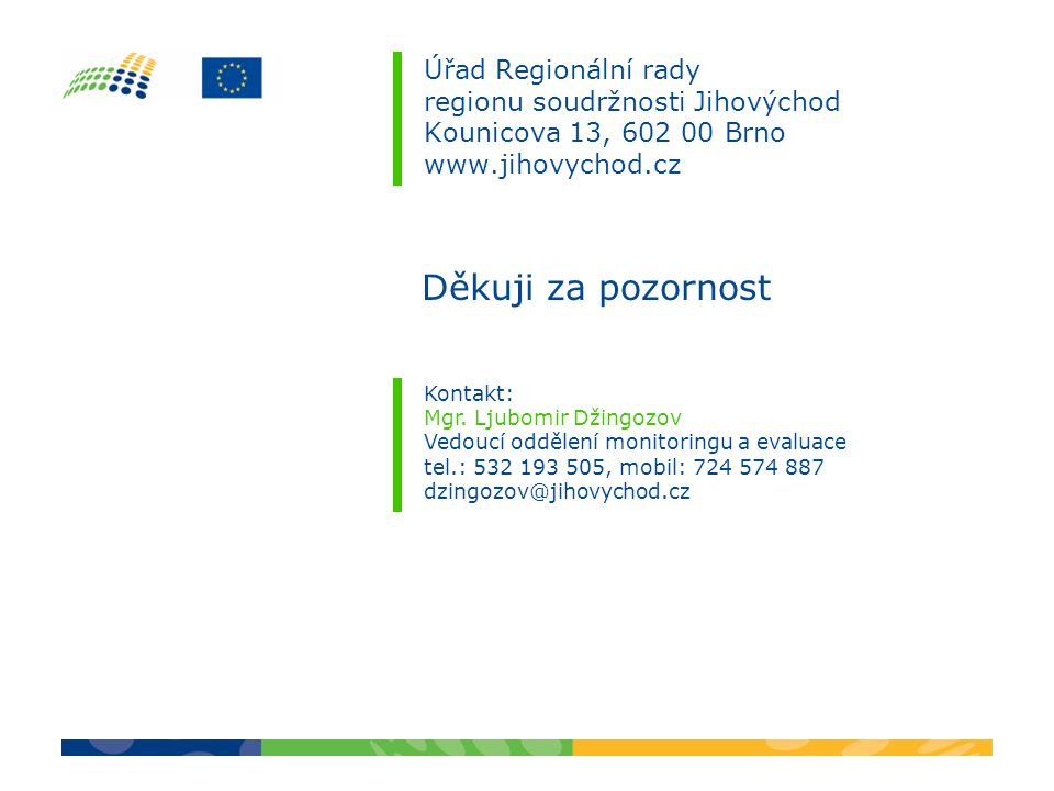 Úřad Regionální rady regionu soudržnosti Jihovýchod Kounicova 13, Brno   Kontakt: Mgr.