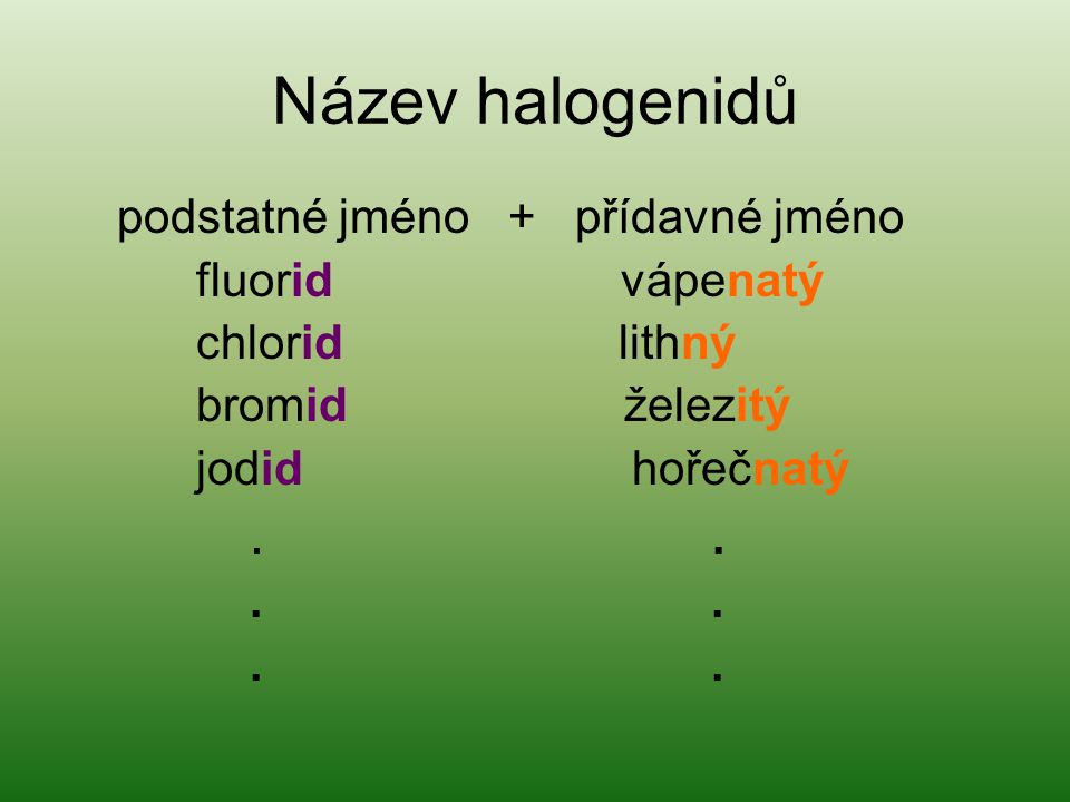 Název halogenidů podstatné jméno + přídavné jméno fluorid vápenatý chlorid lithný bromid železitý jodid hořečnatý...
