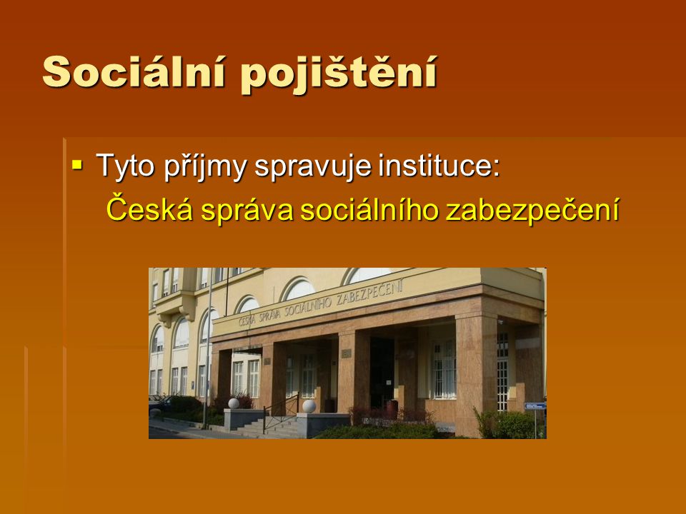 Sociální pojištění  Tyto příjmy spravuje instituce: Česká správa sociálního zabezpečení