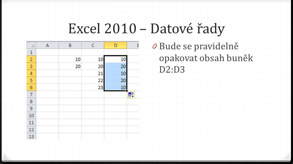 Excel 2010 – Datové řady 0 Bude se pravidelně opakovat obsah buněk D2:D3