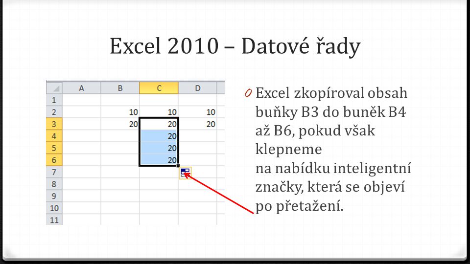 Excel 2010 – Datové řady 0 Excel zkopíroval obsah buňky B3 do buněk B4 až B6, pokud však klepneme na nabídku inteligentní značky, která se objeví po přetažení.