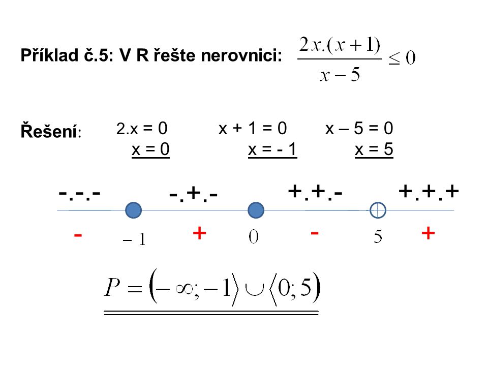 Příklad č.5: V R řešte nerovnici: Řešení : 2.x = 0 x = 0 x + 1 = 0 x = x – 5 = 0 x =