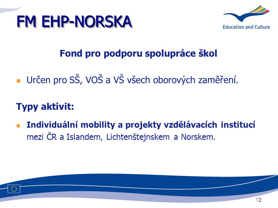 12 FM EHP-NORSKA Fond pro podporu spolupráce škol Určen pro SŠ, VOŠ a VŠ všech oborových zaměření.