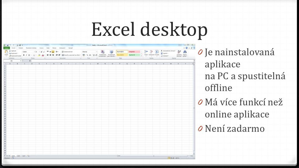 Excel desktop 0 Je nainstalovaná aplikace na PC a spustitelná offline 0 Má více funkcí než online aplikace 0 Není zadarmo