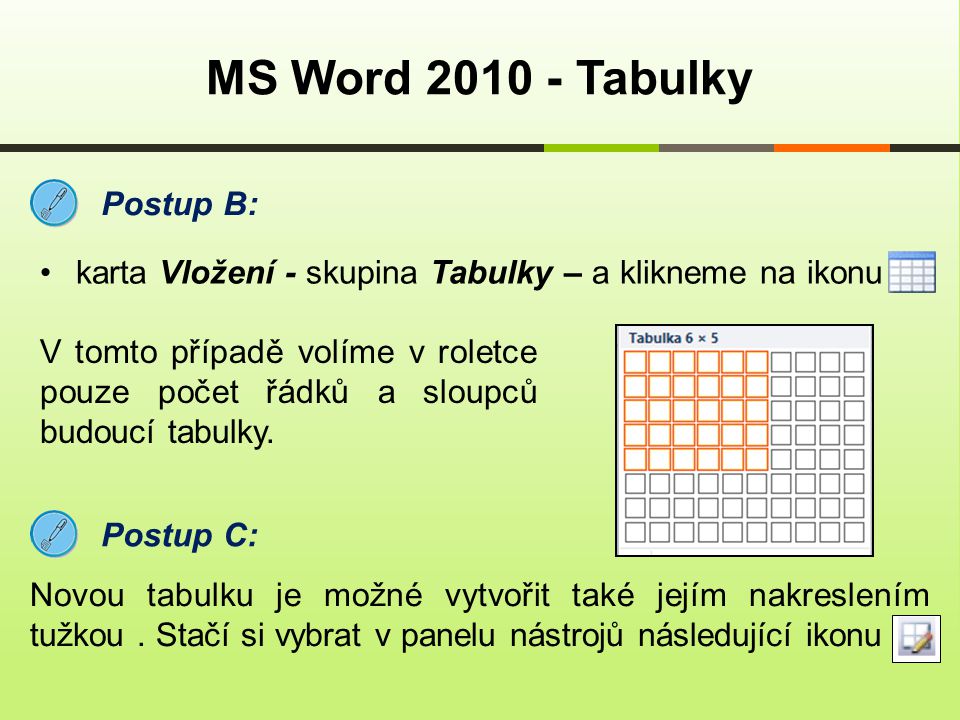 MS Word Tabulky Postup B: karta Vložení - skupina Tabulky – a klikneme na ikonu V tomto případě volíme v roletce pouze počet řádků a sloupců budoucí tabulky.