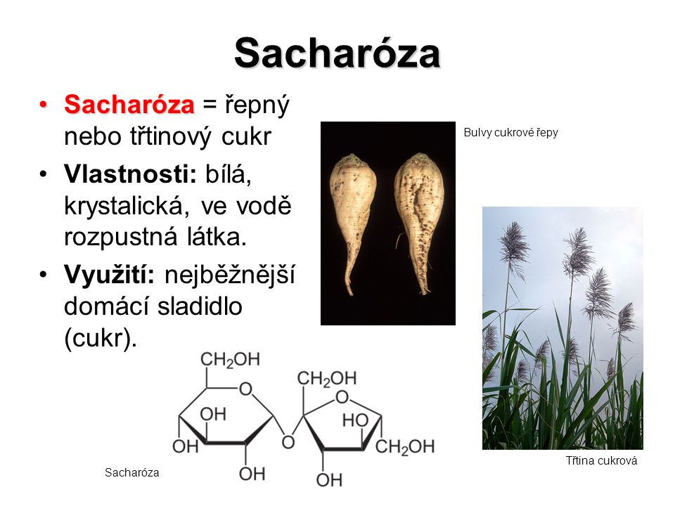 Sacharóza SacharózaSacharóza = řepný nebo třtinový cukr Vlastnosti: bílá, krystalická, ve vodě rozpustná látka.