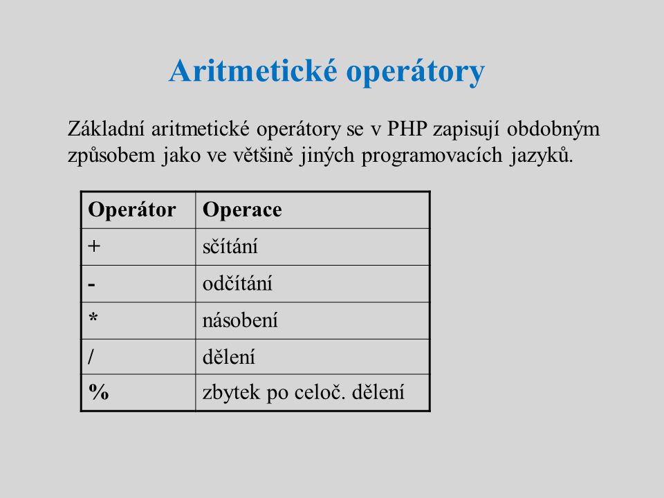 Aritmetické operátory Základní aritmetické operátory se v PHP zapisují obdobným způsobem jako ve většině jiných programovacích jazyků.