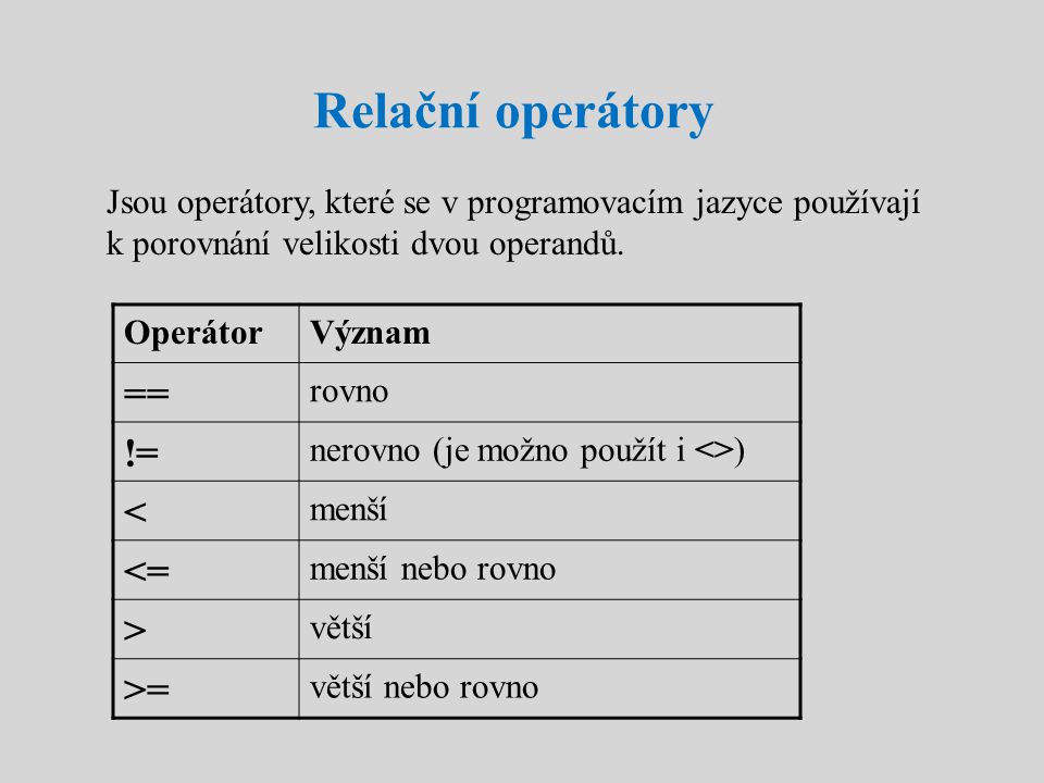 Relační operátory Jsou operátory, které se v programovacím jazyce používají k porovnání velikosti dvou operandů.