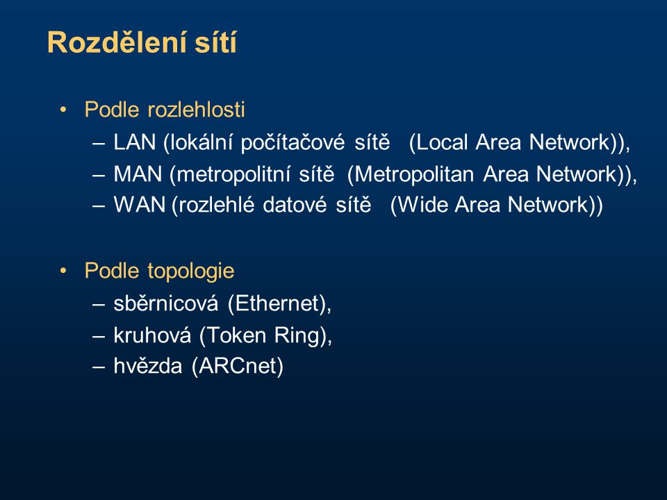 Rozdělení sítí Podle rozlehlosti –LAN (lokální počítačové sítě (Local Area Network)), –MAN (metropolitní sítě (Metropolitan Area Network)), –WAN (rozlehlé datové sítě (Wide Area Network))‏ Podle topologie –sběrnicová (Ethernet), –kruhová (Token Ring), –hvězda (ARCnet)‏