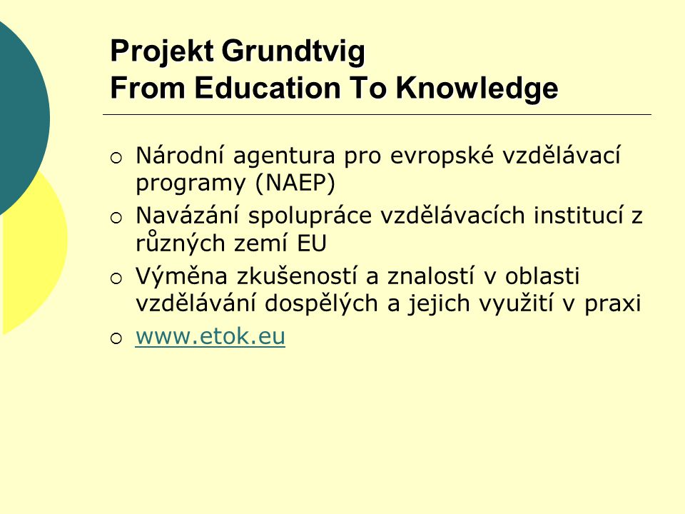 Projekt Grundtvig From Education To Knowledge  Národní agentura pro evropské vzdělávací programy (NAEP)  Navázání spolupráce vzdělávacích institucí z různých zemí EU  Výměna zkušeností a znalostí v oblasti vzdělávání dospělých a jejich využití v praxi 