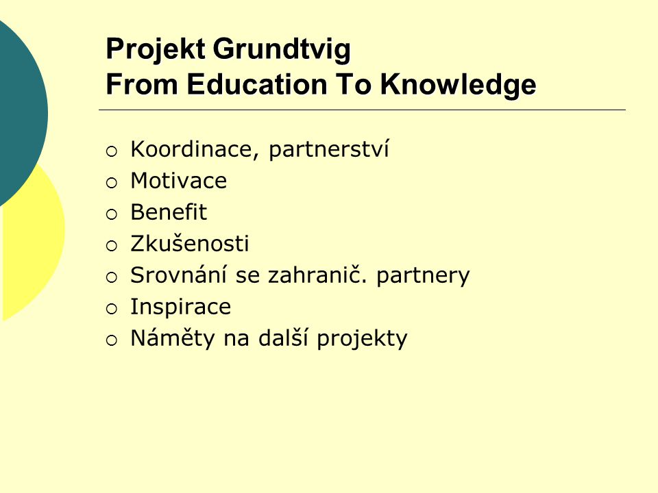 Projekt Grundtvig From Education To Knowledge  Koordinace, partnerství  Motivace  Benefit  Zkušenosti  Srovnání se zahranič.