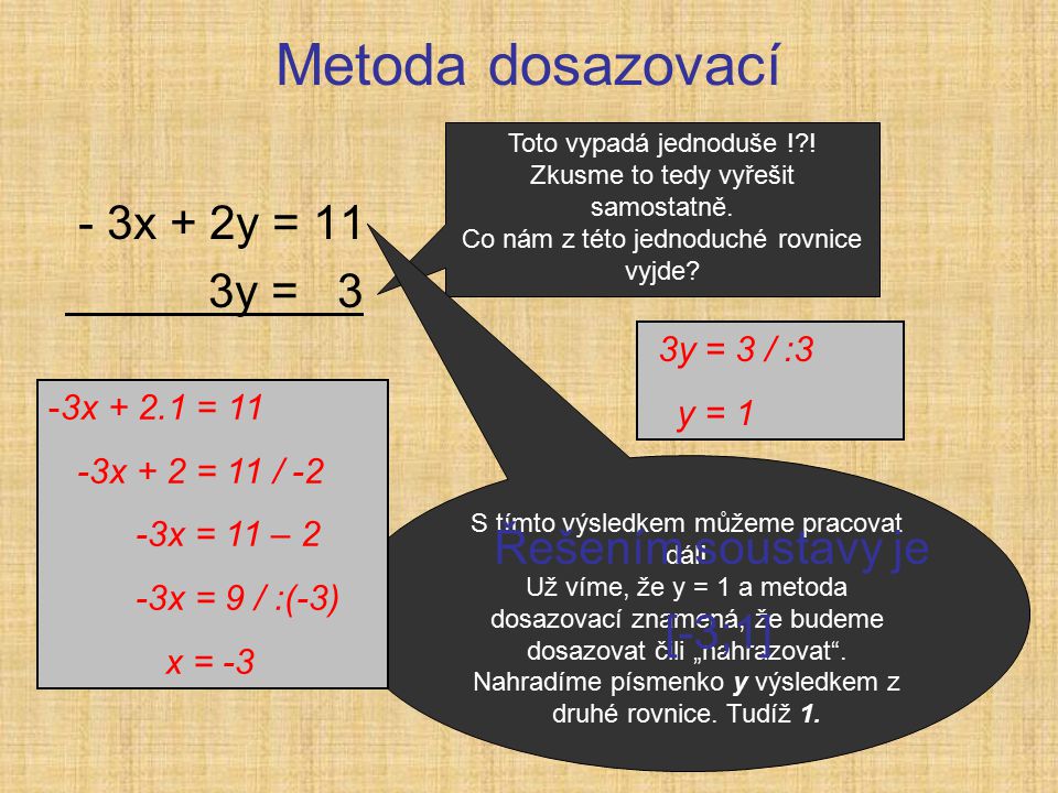 Metoda dosazovací - 3x + 2y = 11 3y = 3 Toto vypadá jednoduše ! .