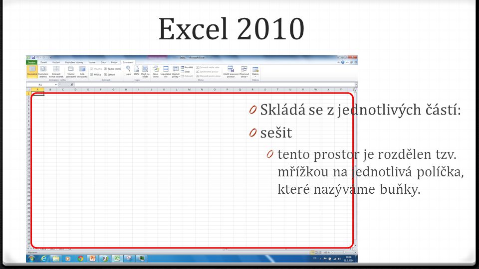 Excel Skládá se z jednotlivých částí: 0 sešit 0 tento prostor je rozdělen tzv.