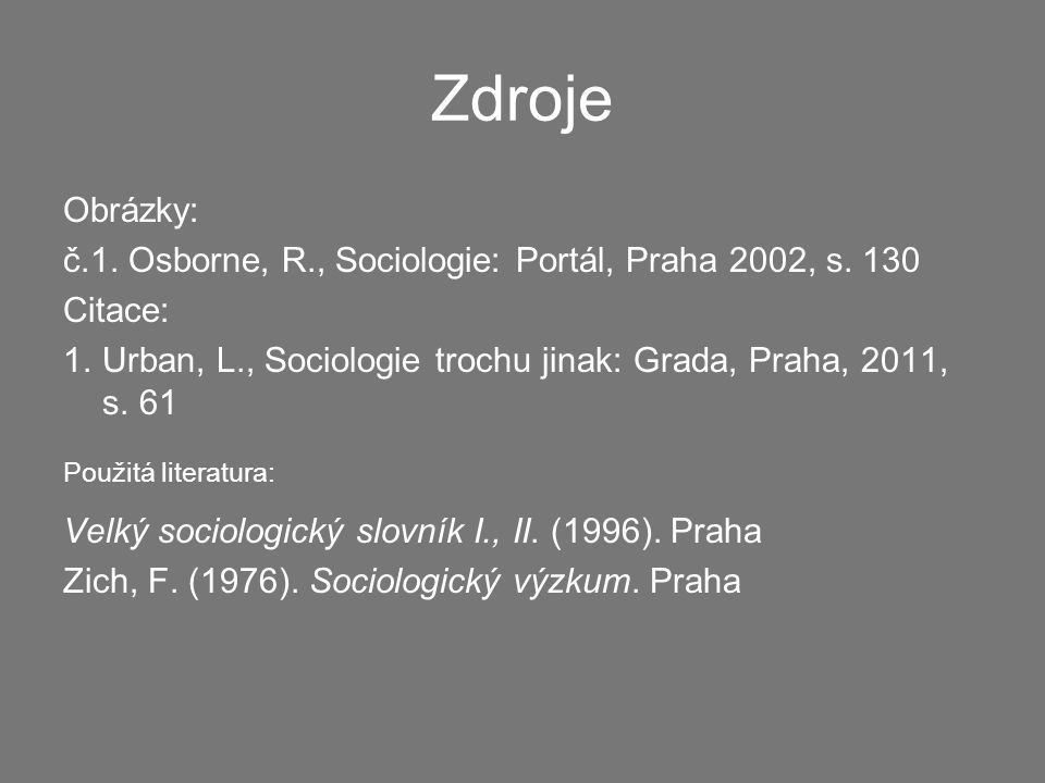 Zdroje Obrázky: č.1. Osborne, R., Sociologie: Portál, Praha 2002, s.