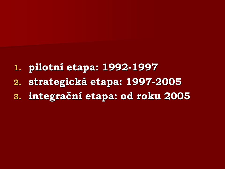 1. pilotní etapa: strategická etapa: integrační etapa: od roku 2005