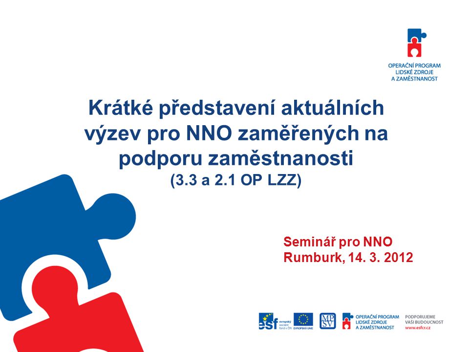 Krátké představení aktuálních výzev pro NNO zaměřených na podporu zaměstnanosti (3.3 a 2.1 OP LZZ) Seminář pro NNO Rumburk, 14.