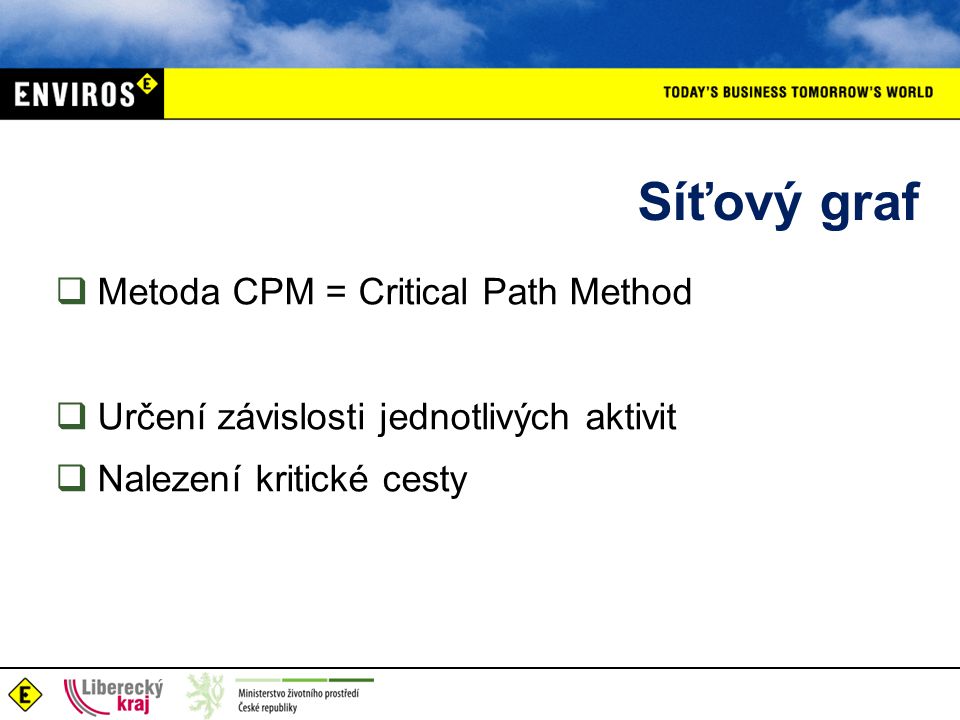 Síťový graf  Metoda CPM = Critical Path Method  Určení závislosti jednotlivých aktivit  Nalezení kritické cesty