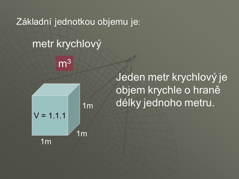 Základní jednotkou objemu je : metr krychlový m3m3 V = m Jeden metr krychlový je objem krychle o hraně délky jednoho metru.