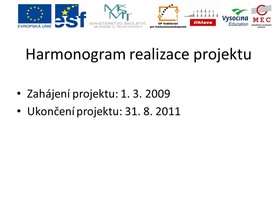 Harmonogram realizace projektu Zahájení projektu: Ukončení projektu: