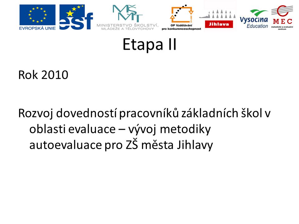 Etapa II Rok 2010 Rozvoj dovedností pracovníků základních škol v oblasti evaluace – vývoj metodiky autoevaluace pro ZŠ města Jihlavy