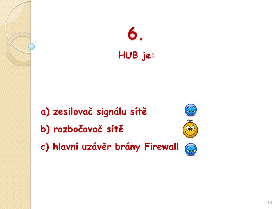 6. HUB je: 10 b) rozbočovač sítě a) zesilovač signálu sítě c) hlavní uzávěr brány Firewall