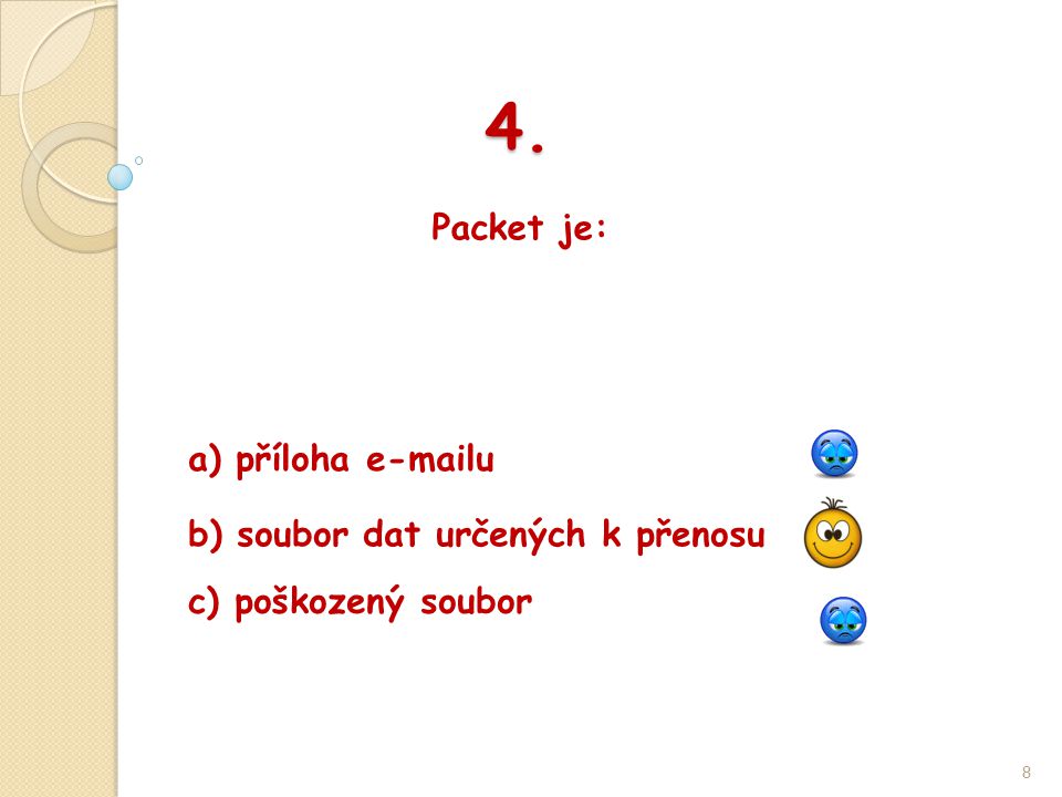 4. Packet je: 8 b) soubor dat určených k přenosu a) příloha  u c) poškozený soubor