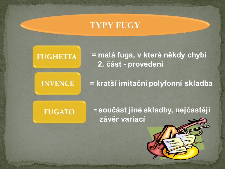 TYPY FUGY INVENCE FUGHETTA FUGATO = malá fuga, v které někdy chybí 2.