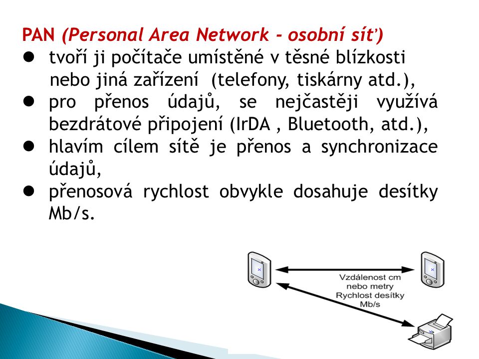 PAN (Personal Area Network - osobní síť) tvoří ji počítače umístěné v těsné blízkosti nebo jiná zařízení (telefony, tiskárny atd.), pro přenos údajů, se nejčastěji využívá bezdrátové připojení (IrDA, Bluetooth, atd.), hlavím cílem sítě je přenos a synchronizace údajů, přenosová rychlost obvykle dosahuje desítky Mb/s.