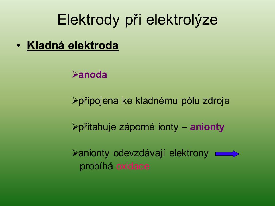 Elektrody při elektrolýze Kladná elektroda  anoda  připojena ke kladnému pólu zdroje  přitahuje záporné ionty – anionty  anionty odevzdávají elektrony probíhá oxidace