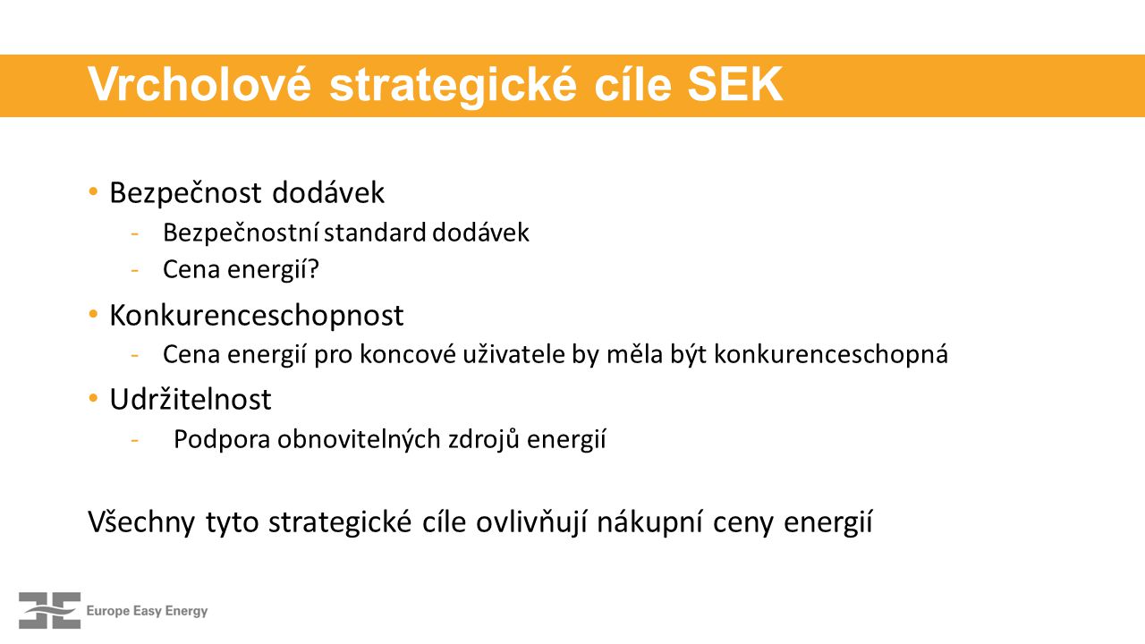 Vrcholové strategické cíle SEK Bezpečnost dodávek -Bezpečnostní standard dodávek -Cena energií.