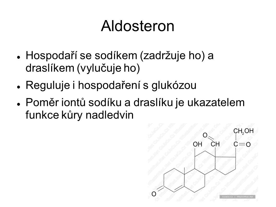 Aldosteron Hospodaří se sodíkem (zadržuje ho) a draslíkem (vylučuje ho) Reguluje i hospodaření s glukózou Poměr iontů sodíku a draslíku je ukazatelem funkce kůry nadledvin