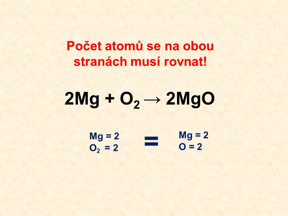 Počet atomů se na obou stranách musí rovnat! 2Mg + O 2 → 2MgO Mg = 2 O 2 = 2 Mg = 2 O = 2 =