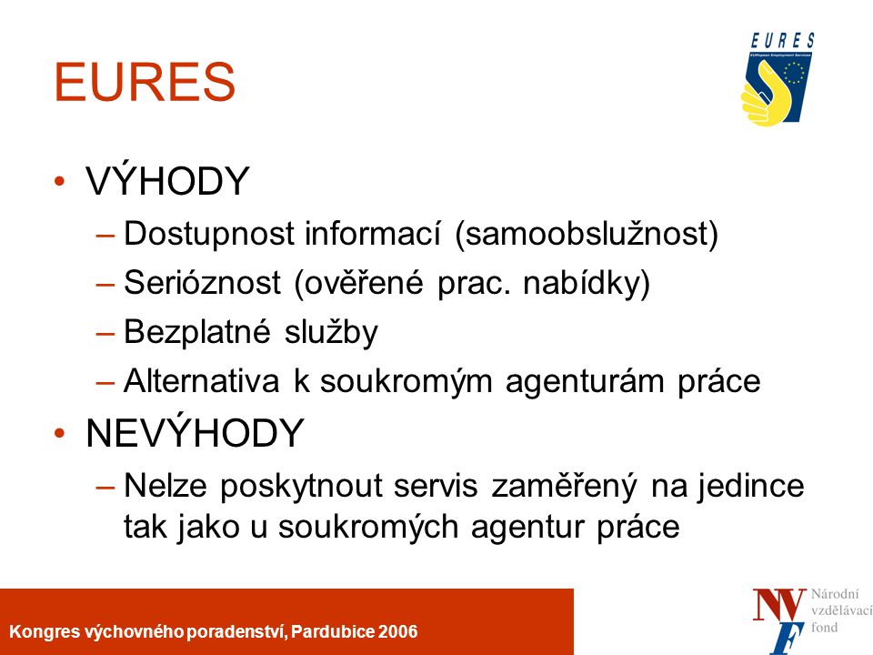 Kongres výchovného poradenství, Pardubice 2006 EURES VÝHODY –Dostupnost informací (samoobslužnost) –Serióznost (ověřené prac.