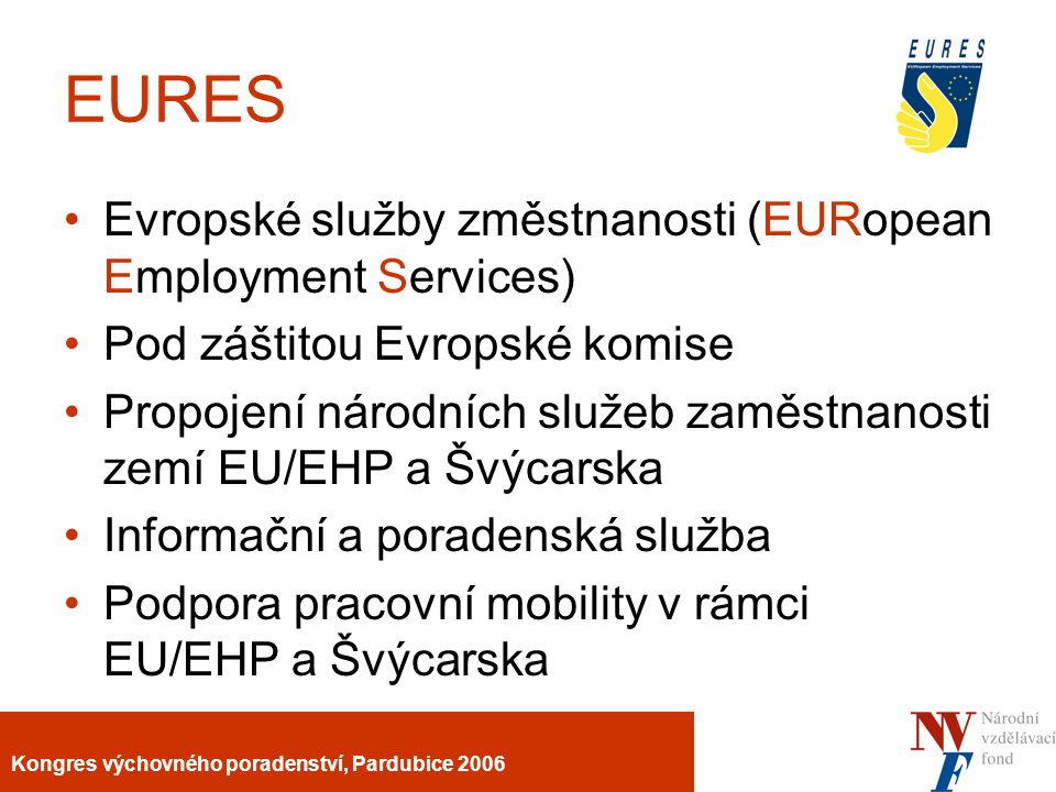 Kongres výchovného poradenství, Pardubice 2006 EURES Evropské služby změstnanosti (EURopean Employment Services) Pod záštitou Evropské komise Propojení národních služeb zaměstnanosti zemí EU/EHP a Švýcarska Informační a poradenská služba Podpora pracovní mobility v rámci EU/EHP a Švýcarska