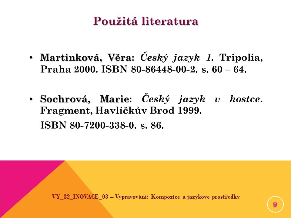 Použitá literatura Martinková, Věra Martinková, Věra: Český jazyk 1.