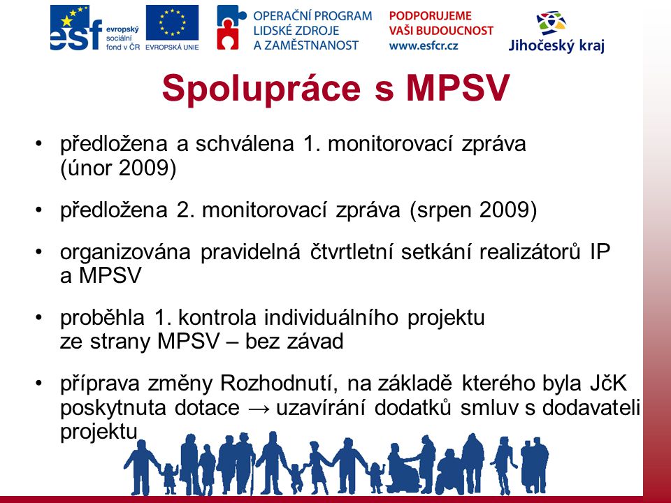 Spolupráce s MPSV předložena a schválena 1. monitorovací zpráva (únor 2009) předložena 2.