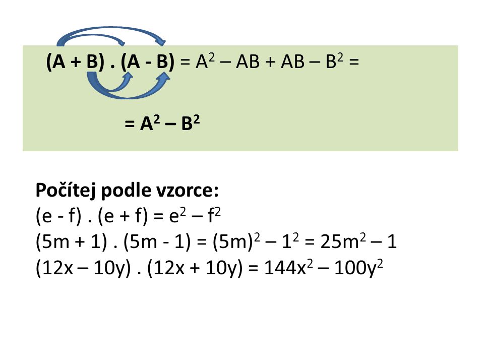 (A + B). (A - B) = A 2 – AB + AB – B 2 = = A 2 – B 2 Počítej podle vzorce: (e - f).