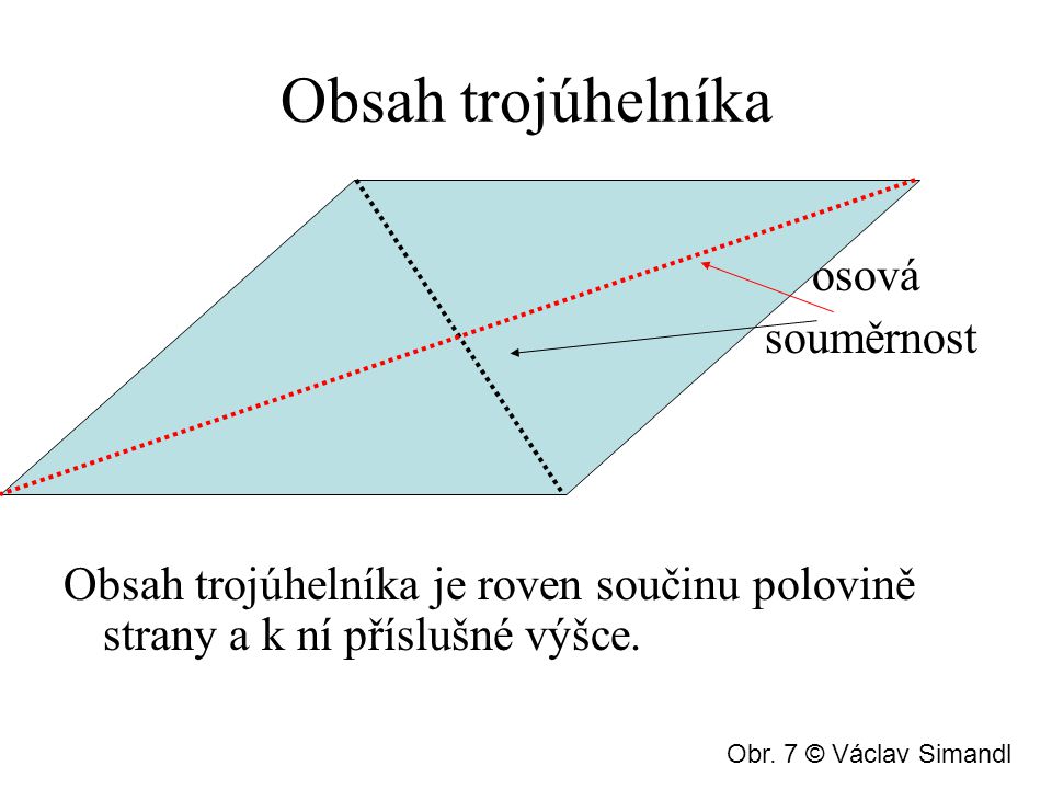 Obsah trojúhelníka osová souměrnost Obsah trojúhelníka je roven součinu polovině strany a k ní příslušné výšce.
