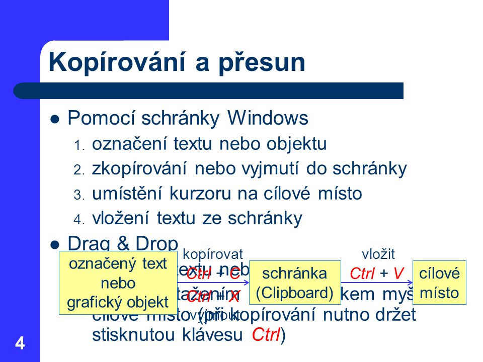 44 Kopírování a přesun Pomocí schránky Windows 1. označení textu nebo objektu 2.