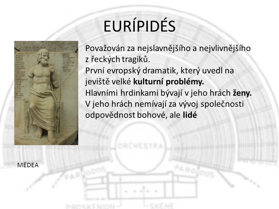 EURÍPIDÉS Považován za nejslavnějšího a nejvlivnějšího z řeckých tragiků.