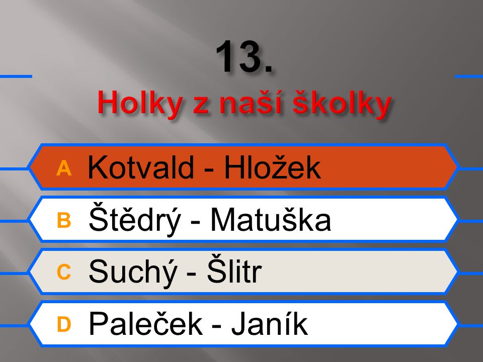 A Kotvald - Hložek B Štědrý - Matuška C Suchý - Šlitr D Paleček - Janík