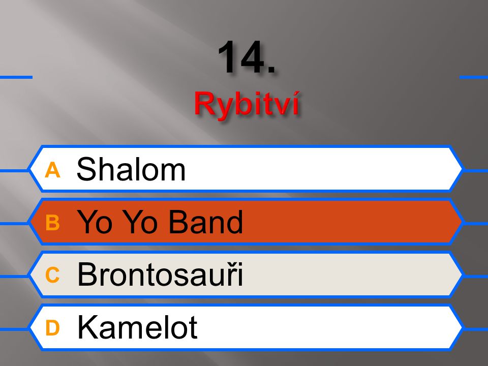 A Shalom B Yo Yo Band C Brontosauři D Kamelot