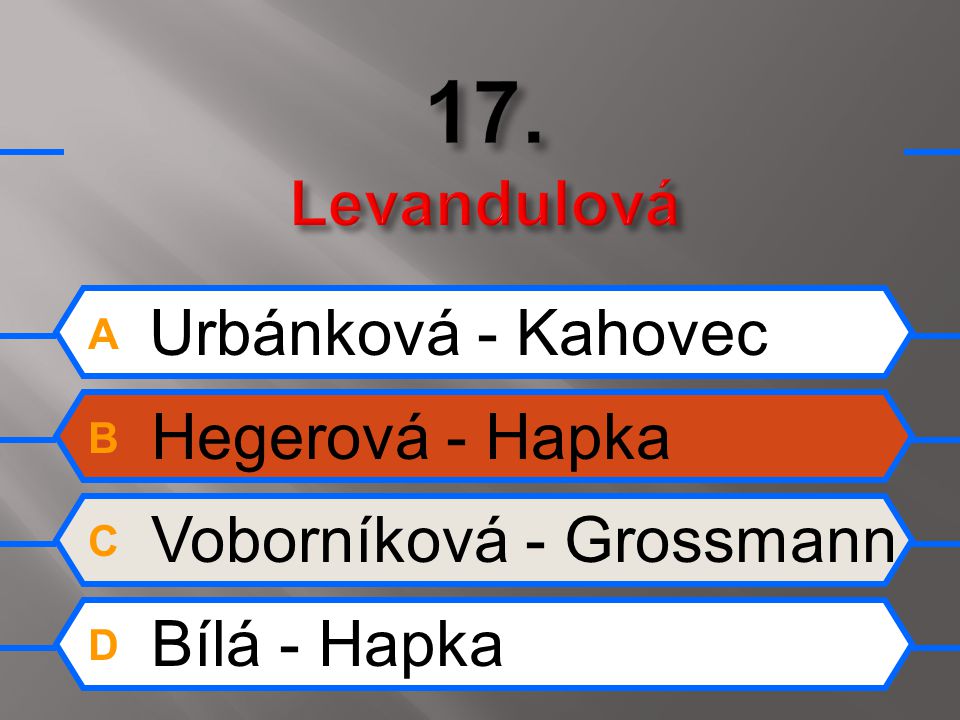 A Urbánková - Kahovec B Hegerová - Hapka C Voborníková - Grossmann D Bílá - Hapka