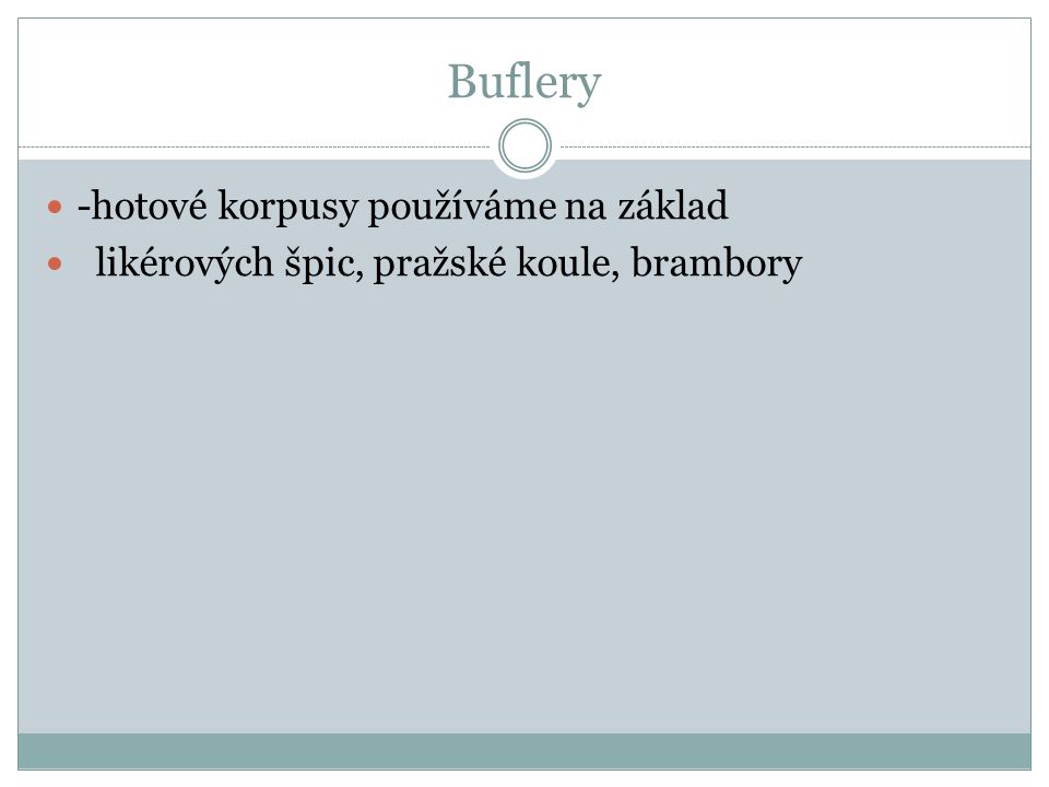 Buflery -hotové korpusy používáme na základ likérových špic, pražské koule, brambory