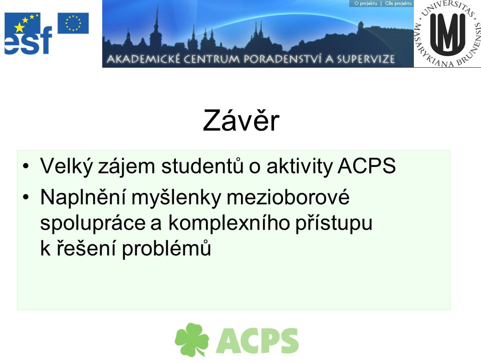 Velký zájem studentů o aktivity ACPS Naplnění myšlenky mezioborové spolupráce a komplexního přístupu k řešení problémů Závěr