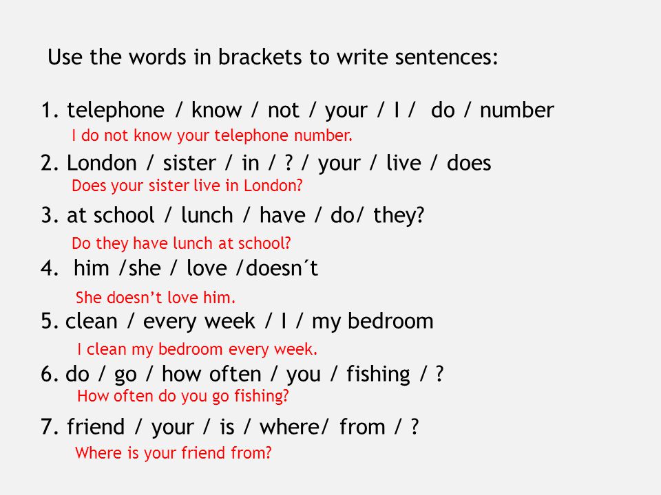 Use the words in brackets to write sentences: 1. telephone / know / not / your / I / do / number 2.