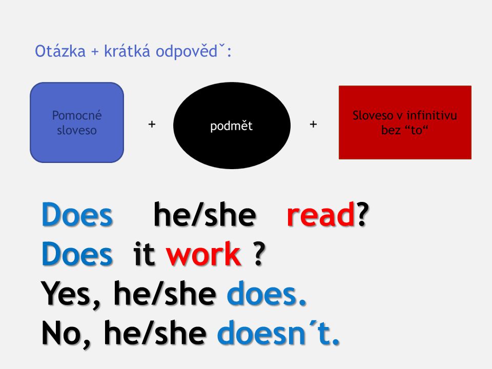 Otázka + krátká odpovědˇ: ++ Does he/she read Does it work Yes, he/she does. No, he/she doesn´t.
