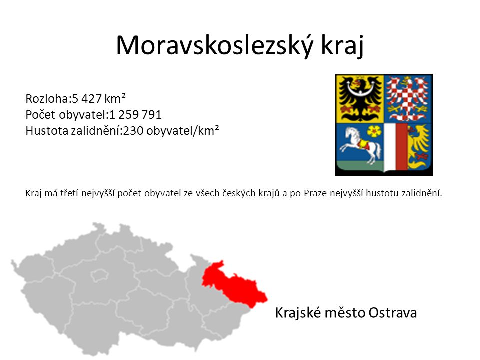 Moravskoslezský kraj Rozloha:5 427 km² Počet obyvatel: Hustota zalidnění:230 obyvatel/km² Kraj má třetí nejvyšší počet obyvatel ze všech českých krajů a po Praze nejvyšší hustotu zalidnění.
