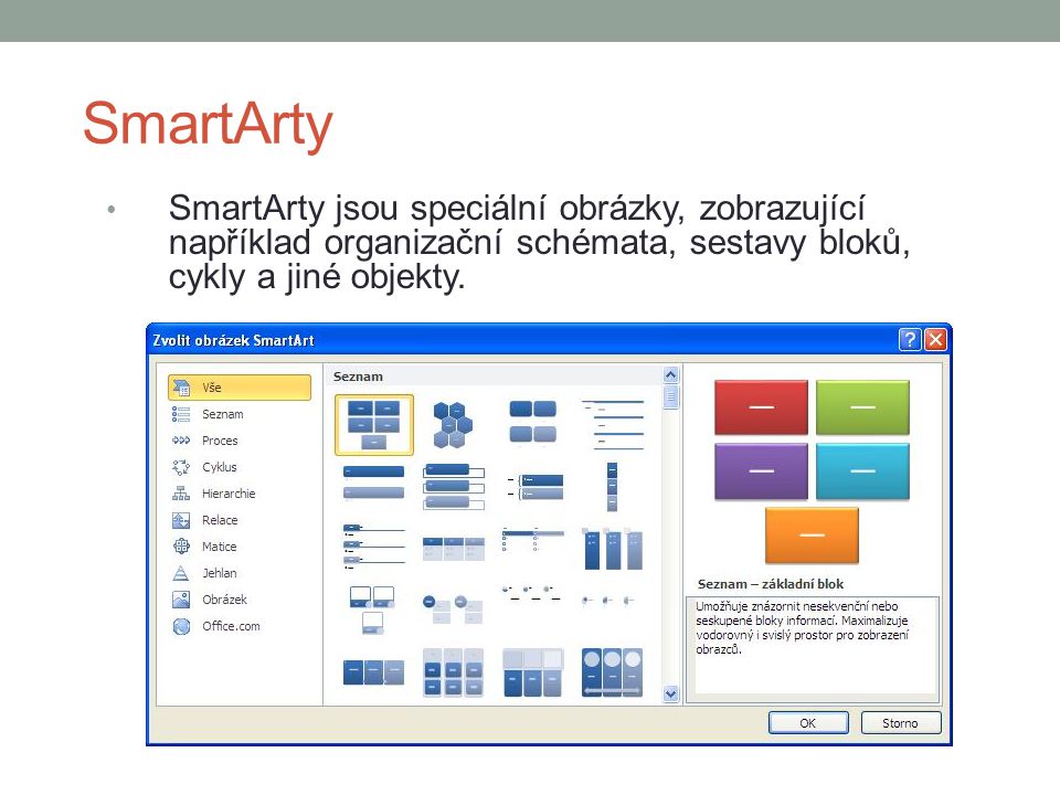 SmartArty SmartArty jsou speciální obrázky, zobrazující například organizační schémata, sestavy bloků, cykly a jiné objekty.